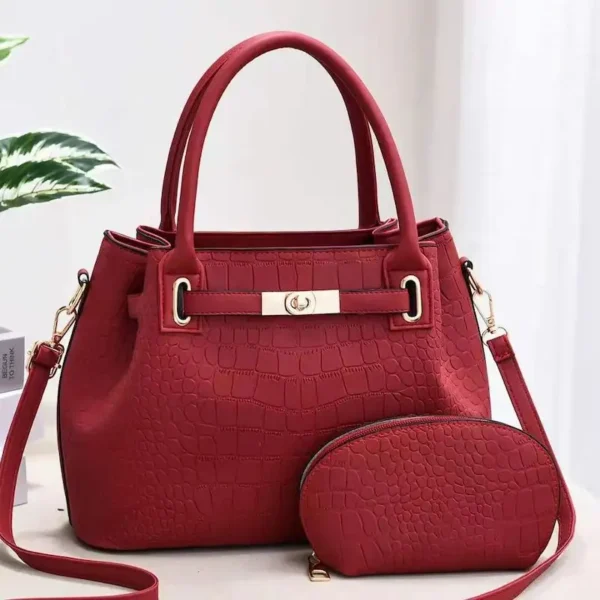 Ensemble de sac à main en cuir PU crocodile couleur rouge pour femmes.