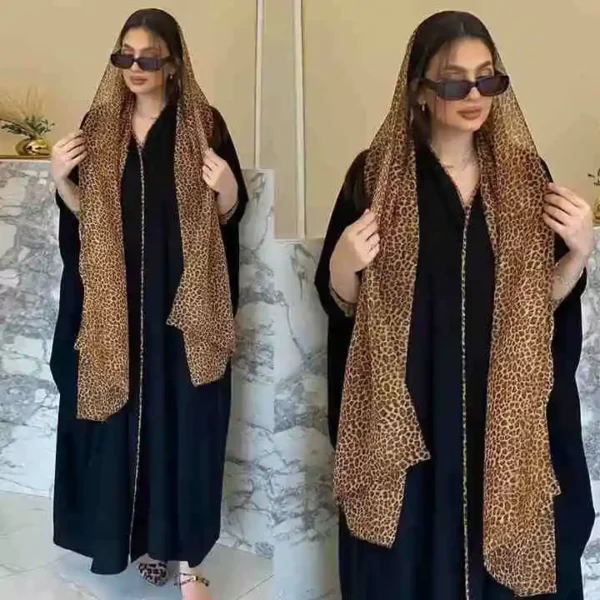 Abaya noire en mousseline de soie style marocain + écharpe.