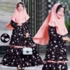 Ensemble Robe à fleur en cotton bleu marine-rose avec Khimar pour jeune fille